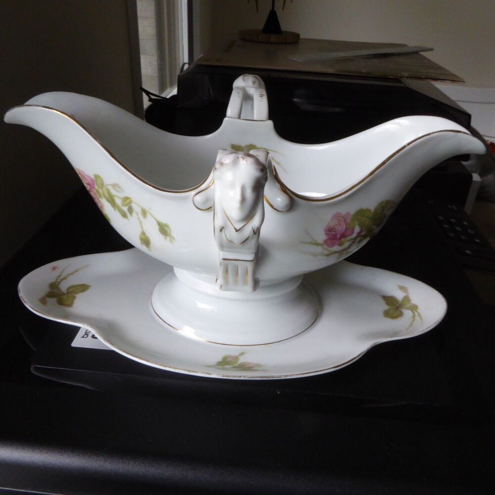VTG Circa 1920s Rosenthal Empire Gravy Bowl W/ Woman Face Handles & Underplate